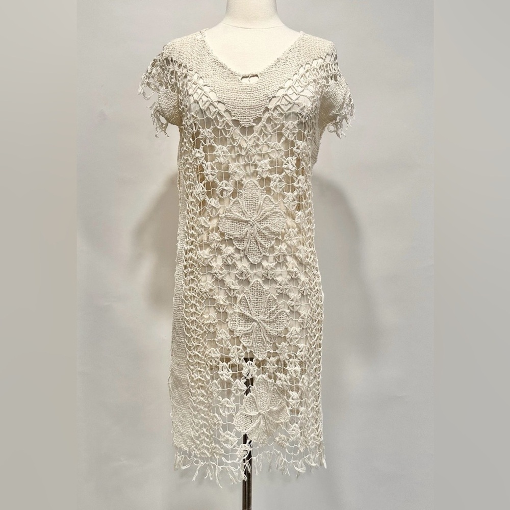 MNATURA Beige Crochet Floral Cotton Short Sleeve Coverup Dress S